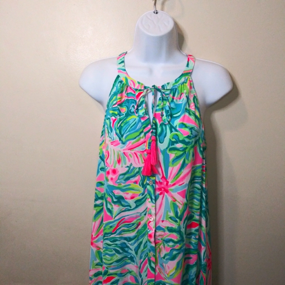 Lilly Pulitzer Luliana One In A Melon Blue Green & Pink Flowy Ruffled Maxi Dress - Picture 2 of 9